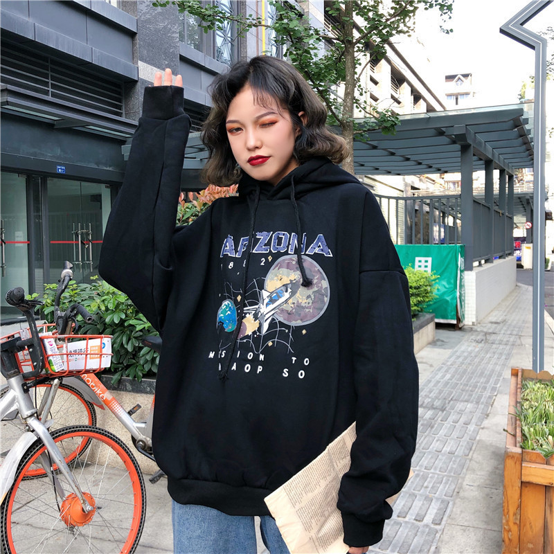 Paris Girl Women Loose Restore Star Airship Printing Black Thin Pullover O-neck Hoddie Sweatshirt Girls White Gray Hoodies T200407
