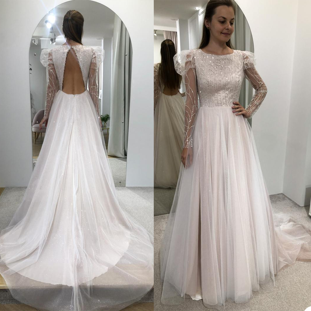 New Sparkly A Line Wedding Dresses Jewel Neck Long Sleeve Sequins Appliques Country Bridal Gowns Sexy Backless Wedding Robe