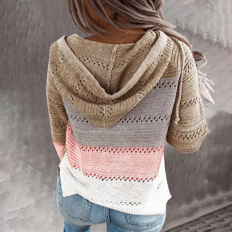Female Patchwork Autumn Vintage Hoody Hole Coat Soft Casual Knitted Zipper Hoody Hoodie For Women S-V 201211