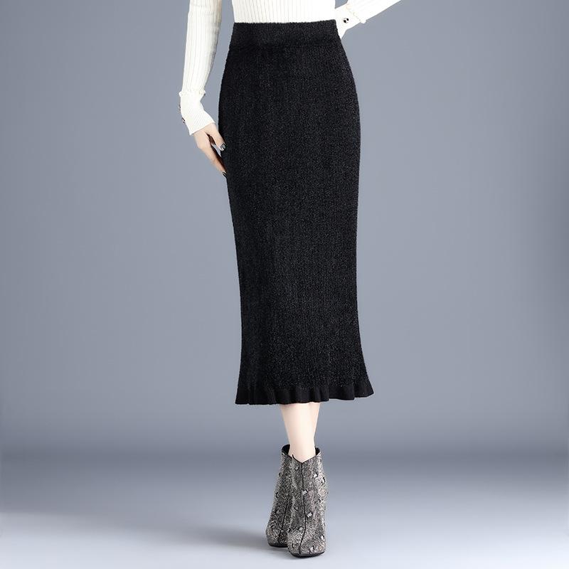Skirts Autumn Winter Elastic High Waist Slim Black Two-sided Knitted Fishtail Skirt All-match Women Long