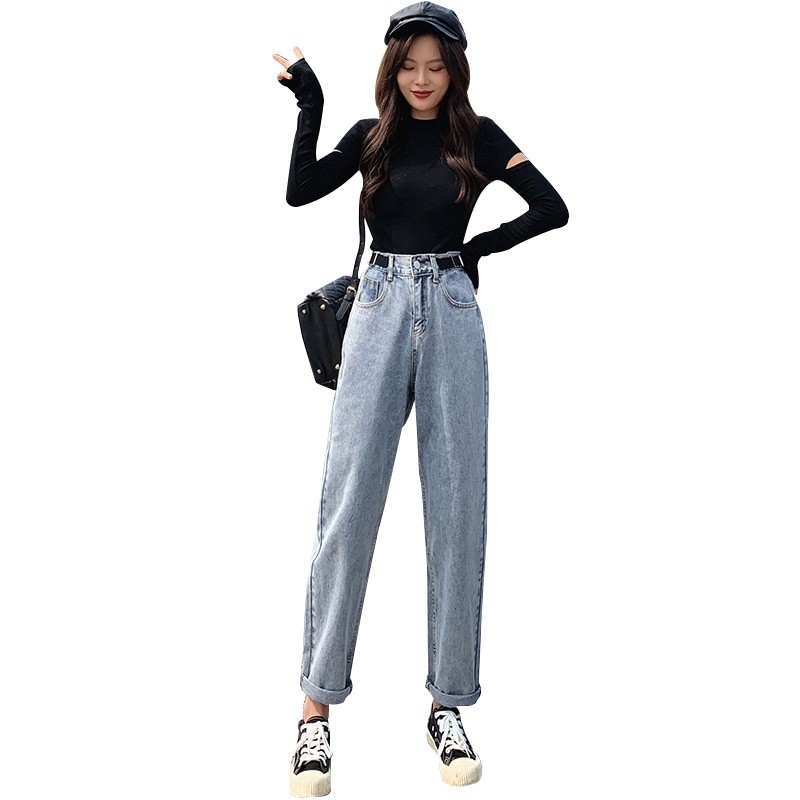 GUUZYUVIZ Blue Mom Jeans Vintage High Waist Denim Harem Pants Ladies Jeans Trousers Korean Elastic Waist Plus Size Loose Casual 210302