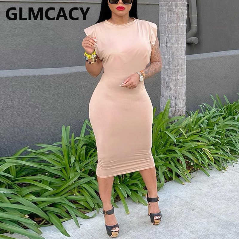 Padded O Neck Casual Midi Dress Solid Bodycon Dresses 210702