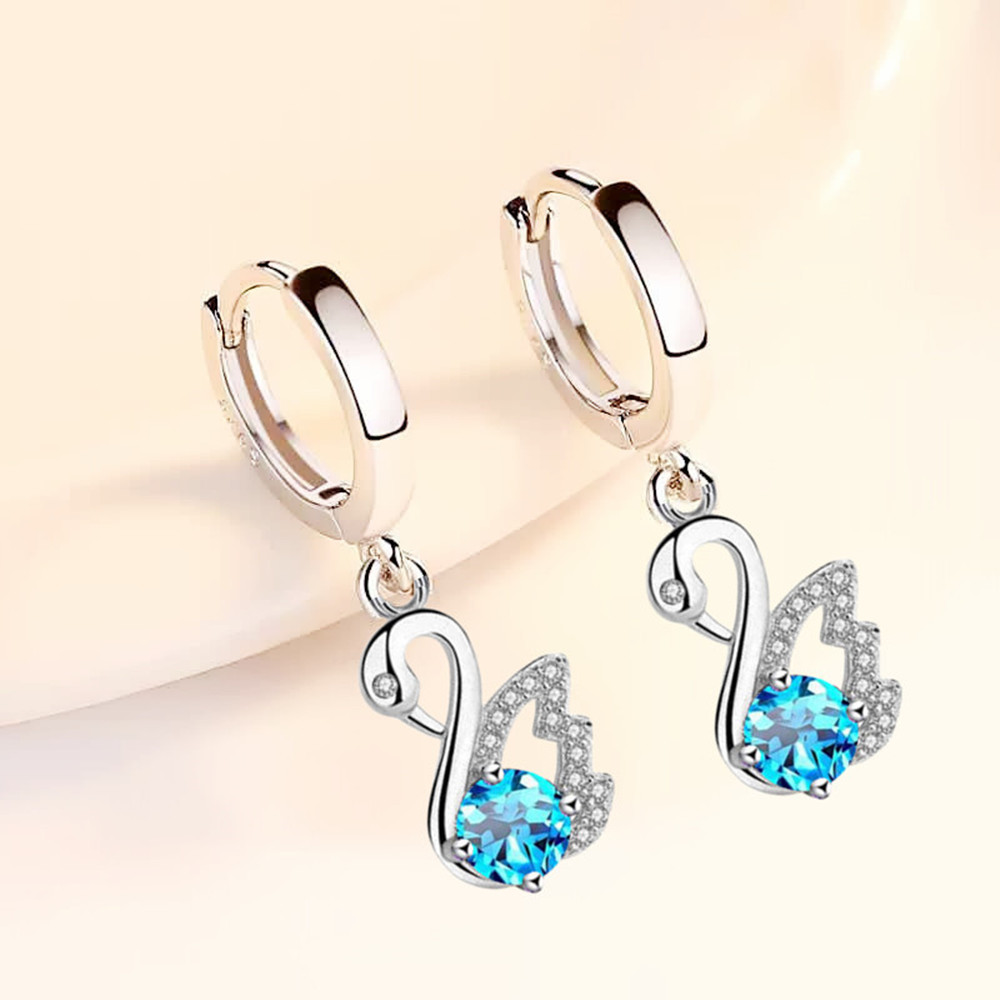 Swan Hoop Earrings 925 Sterling Silver Women's Fashion Jewelry Blue White Crystal Zircon Long Tassel