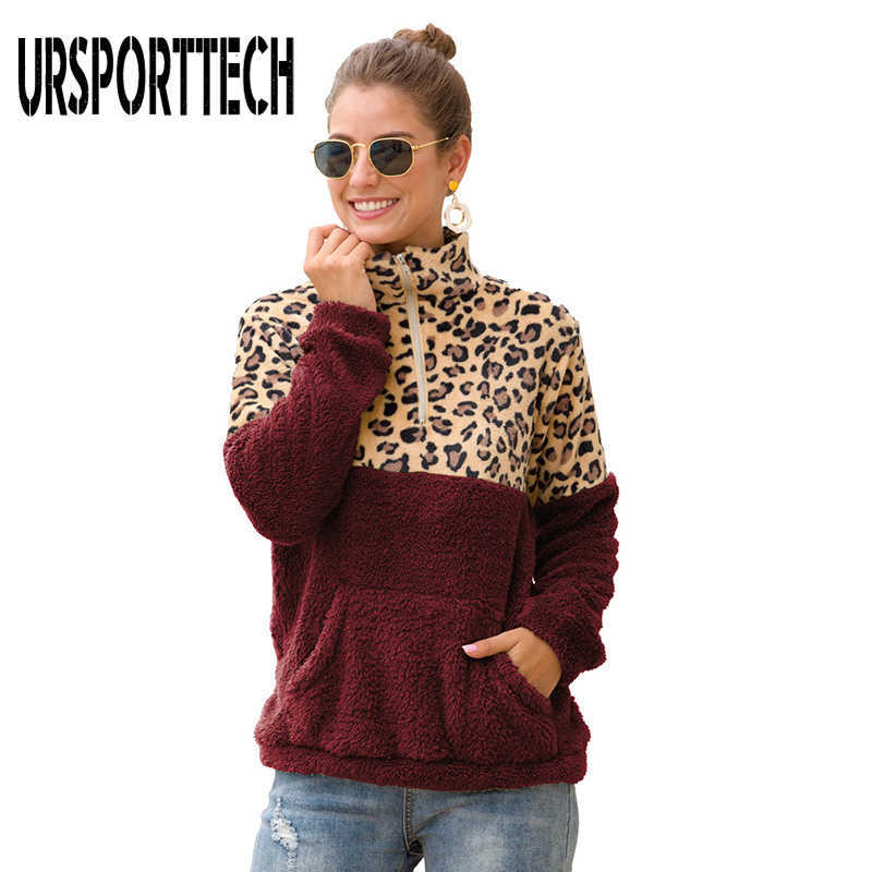 Autumn Winter Double-Sided Fleece Hoodies Women Leopard Sweatshirts Oversize Ladies Pullovers Warm Pocket Hooded Jacket 210528