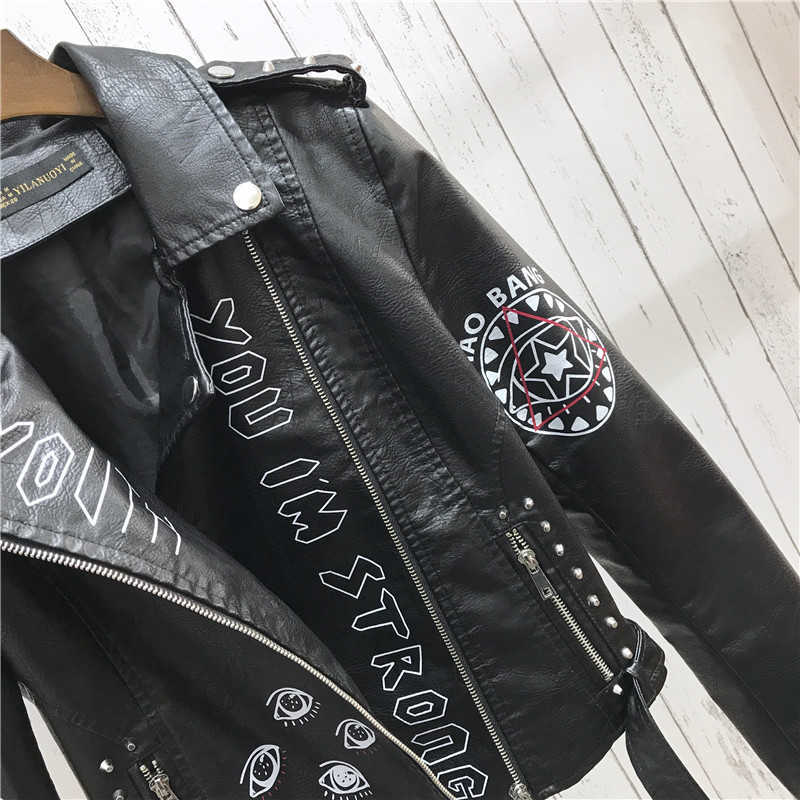 Graffiti Rivet Letters Locomotive Leather Jacket Fashion Women Short Jackets PU Waterproof Cool Coat Dropship 210922