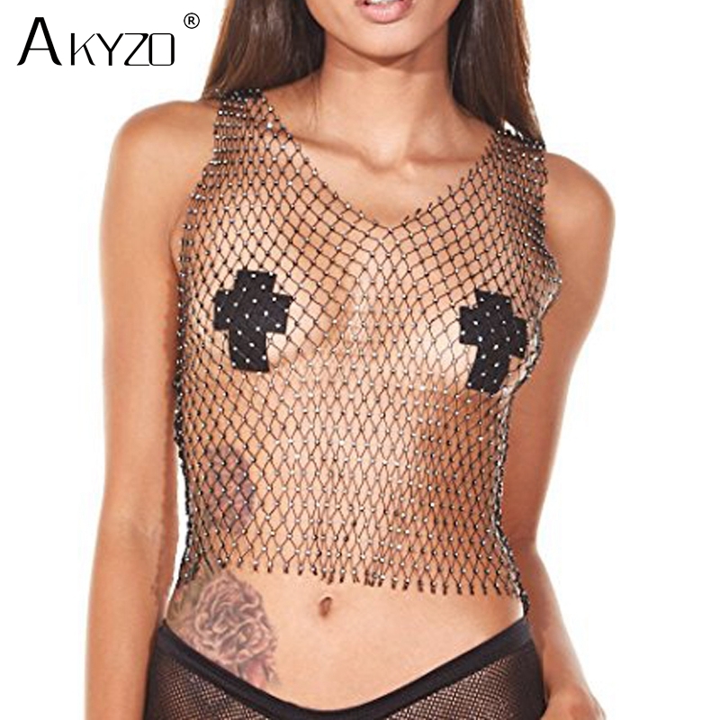Women's Fishnet Rhinestone Crop Top Summer Sexy Mesh High Elastic Black White Shirt Net See Through Rave Diamond Tank Top 210308