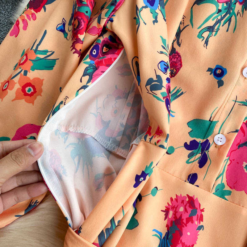 DEAT Women Printing Vintage Dress Lapel Long Sleeve Arrivals Lady Temperament Fashion Spring Autumn 11D2024 210709