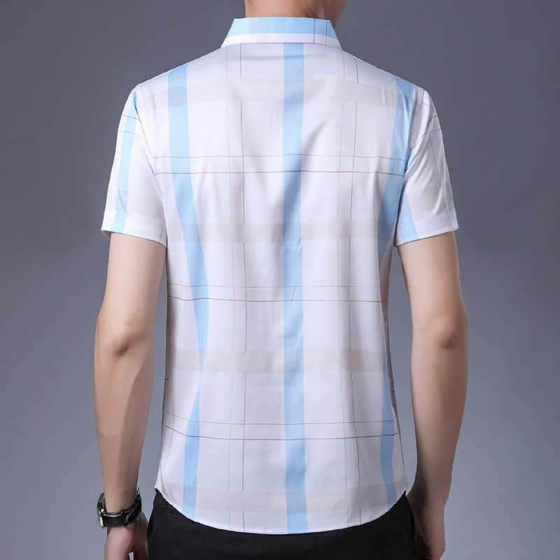 Fashion Plaid Shirt Men Silk Cotton Summer Short sleeve Casual Shirts Slim Fit Camisa Masculina Drop C745 210721