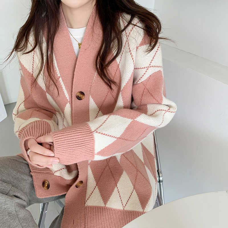 Knitted Sweater Cardigan Woman Coat Diamond Jumpers Long Sleeve Top Female Loose Pink Black Argyle Women Antumn 210914