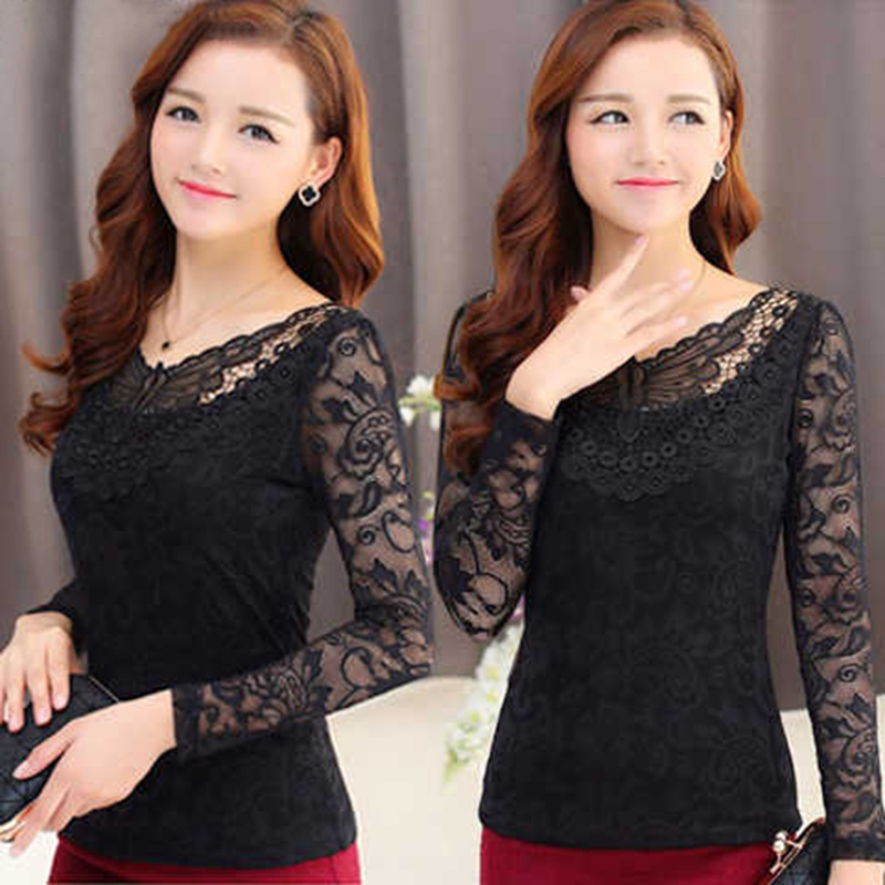 S-5XL Plus Size Spring Summer Fashion Women Elegant Black Lace Blouse Shirt Long Sleeve Sexy Top Women Plus Size Clothing DF2313 210225