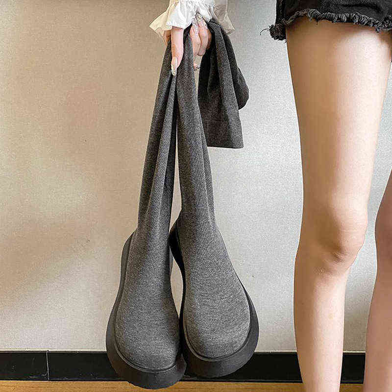 Women Over The Knee Boots Stretch Fabric Solid Ladies Sock Boots Slip On Fashion Female Long Boots Autumn Elegant Platform Shoes H1116