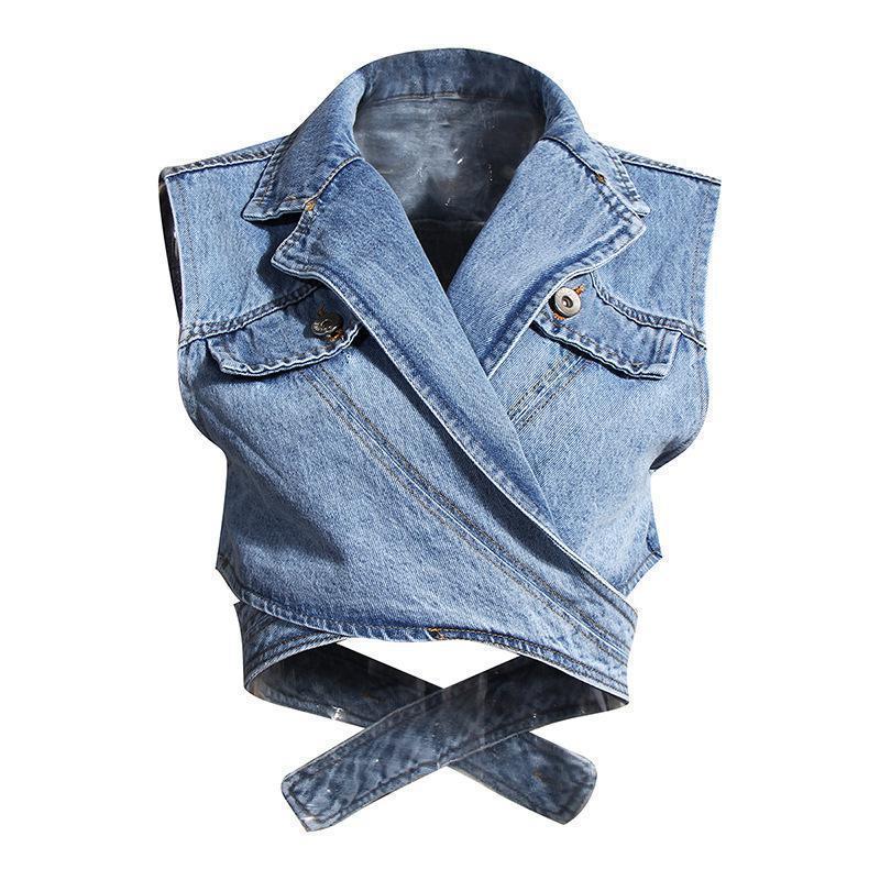 GetSpring Women Blouse Cotton White Shirt Retro Puff Sleeve Women Shirt With Irregular Denim Vest Loose Vintage Blouse Autumn 210225