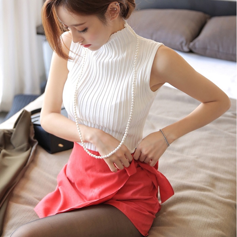 High Quality Summer Women Mock Neck Top Turtleneck Sleeveless T-Shirt Slim Knitted Vest Elegant Female Tee Knitwear B-013 210306