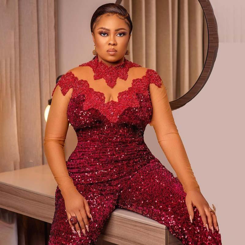 African Burgundy Sequins Lace Jumpsuit Evening Dresses Wear High Collar Sheer Long Sleeve Prom Dress with Slid Train Pant Suit