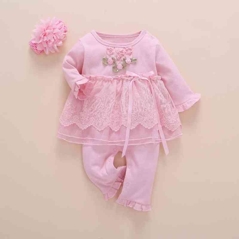 born Baby Girl Clothes Fall Cotton Lace Princess Style Jumpsuit 0-3 Months Infant Romper With Socks Headband ropa bebe 220105