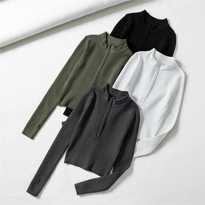 Women's Sweaters Women Elegant Pullover High Neck Zipper Front Fashion Clothing Knitted Sweater, Green