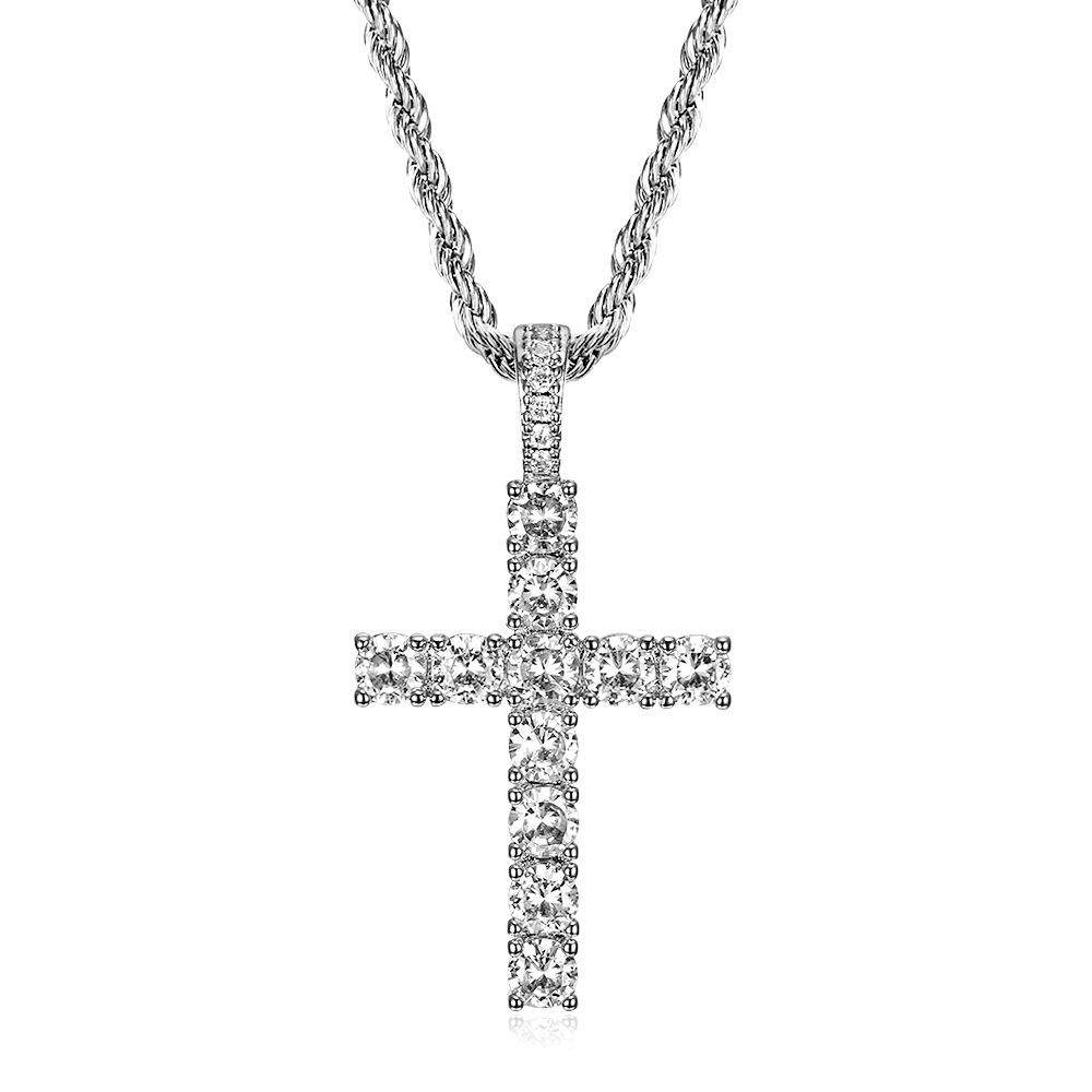 Hip Hop Stainless Steel Cross Pendant Necklace Bling White Zircon 18K Gold Plated Religious Jewelry Men Women Gift