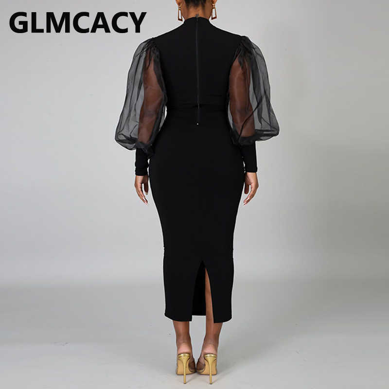Women Mesh Lantern Sleeve Slim Midi Dress Elegant Bodycon Evening Party Long Robes Dresses 210702