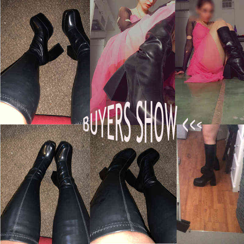 Punk Style Autumn Winter Boots Elastic Microfiber Shoes Woman Ankle Boots High Heels Black Leather Boot Platform Shoes For Women 211109