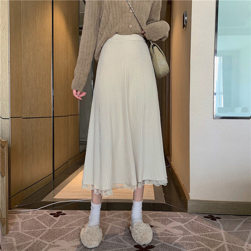 Women Winter A-Line Sweater Thick Long Skirt Female Autumn Black Pleated Skirt Koreany High Waist Elegant Lace Stitching 210311