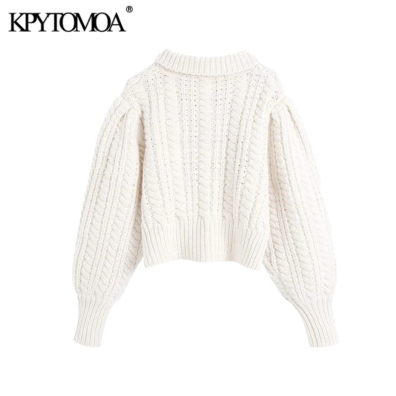 KPYTOMOA Women Fashion With Rhinestone Buttons Cropped Cable-Knit Sweater Vintage Lantern Sleeve Female Pullovers Chic Tops 210218
