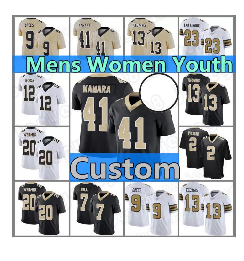 Custom New 41 Alvin Kamara Mens Orleans Football Jersey 13 Michael Thomas 2 Jameis Winston Drew Brees Taysom Hill Marshon Lattimore Saints Ian Book