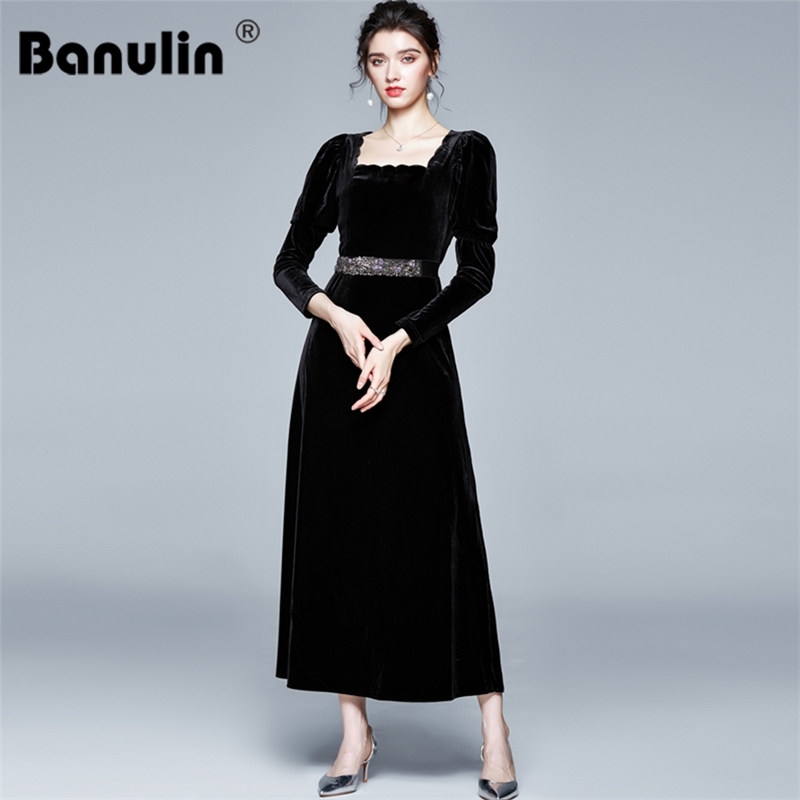 

Women Luxury Beading Belt Velvet Long Dress Festa Female Elegant Party Robe Square Collar High Waist Designer Cocktail Vestidos 210603, Black