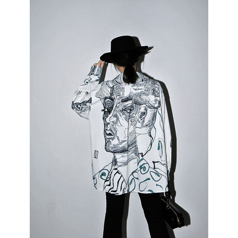 Getspring Women Woman Blouses Shirts Printing Blouse Long Sleeve Vintage Color Matching Casual Vintage White Summer Blouses 210308