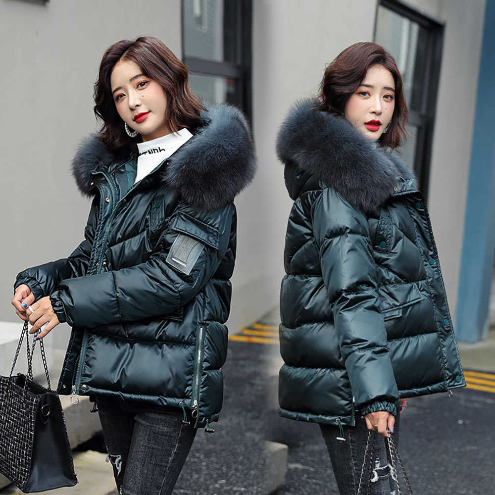 Vielleicht Women Winter Hooded Thick Short Jacket Solid Casual Glossy Warm Cotton Padded Parkas Fur Collar Coat 211013