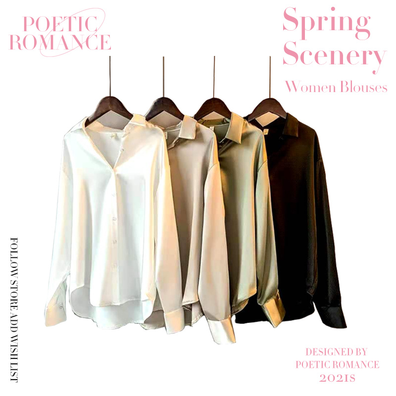 Fashion Stylish Button Up Satin Silk Shirt Vintage Blouse Women White Lady Long Sleeves Female Loose Street Shirts 210225