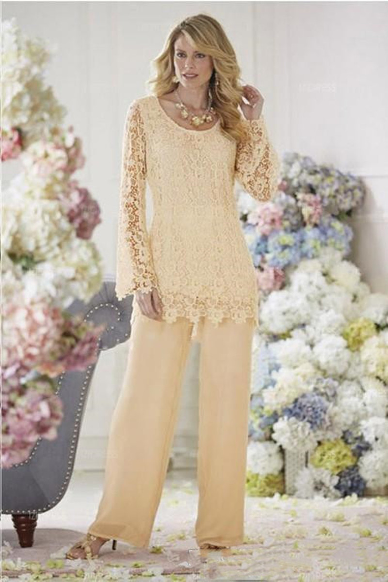 Mother of the Bride Groom Dresses Pant Suits Custom Made Vintage Formal Long Sleeves Chiffon Lace Dresses for Wedding Plus Size