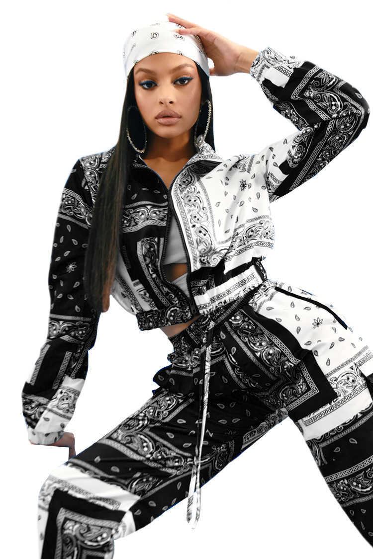 Paisley Bandana Print Two 2 Piece Set Women Fitness Sweatsuit Zipper Up Sweatshirt + Jogger Pants Set Tracksuit Vintage Outfits Y0625