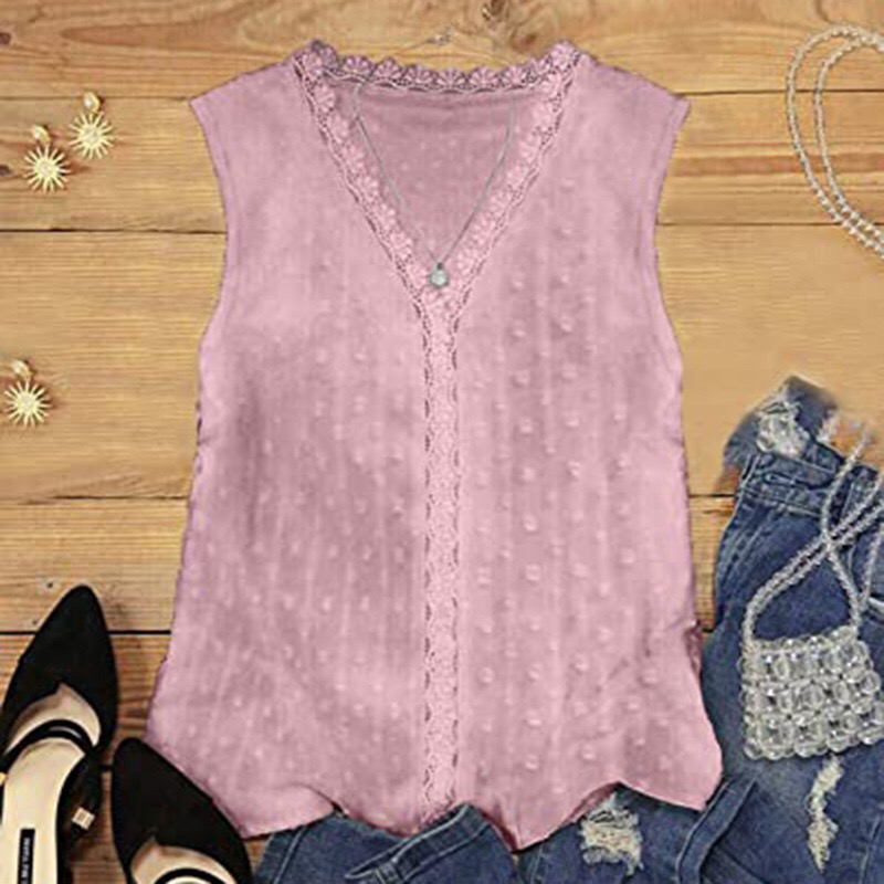 Summer Women Lace Tanks Tops Solid Color Floral V Neck Casual Loose Sleeveless Shirts Blouses
