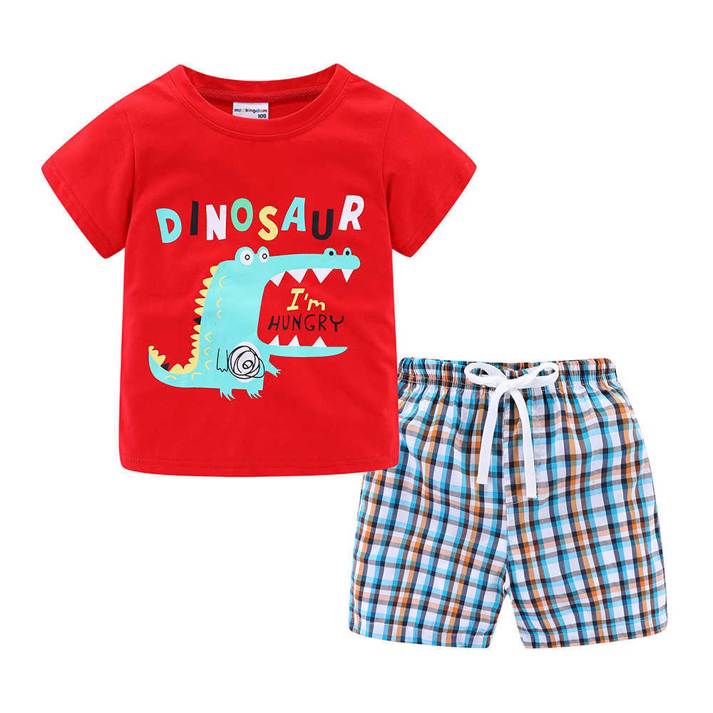 Mudkingdom Summer Plaid Short Set for Boys Beach Holiday Outfits Dinosaur Cute T-Shirt and Drawstring Kids Clothes Suit 210615