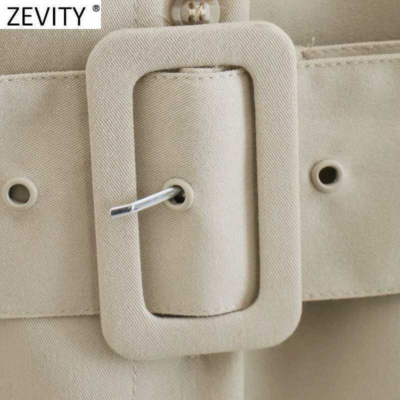 Zevity Women Safari Style Lantern Sleeve Breasted Smock Blouse Office Lady Buckle Sashes Pleat Shirt Chic Blusas Tops LS7406 210603