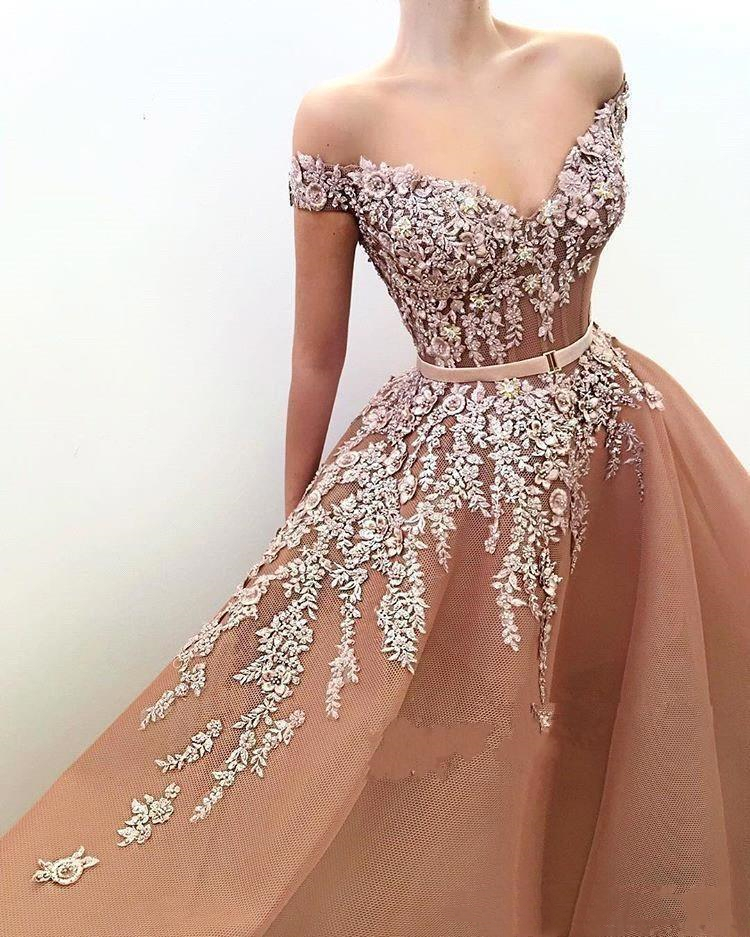 Charming Long Champagne Prom Dresses A-Line Appliques Lace Flowers Off The Shoulder Formal Dress Evening Wear Beads Pageant Gowns 2021