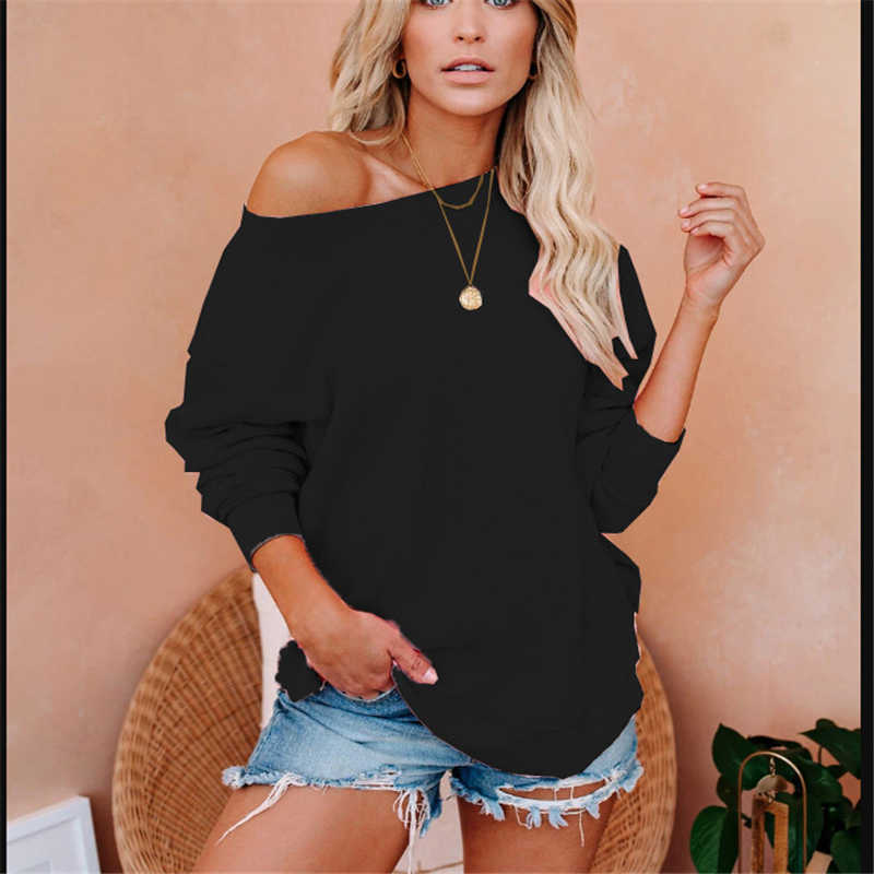 Women Sexy One Shoulder Sweatshirts Autumn Winter Casual Solid Long Sleeve Loose Hoodies 9 Colors Pullovers Tops Plus Size 210526