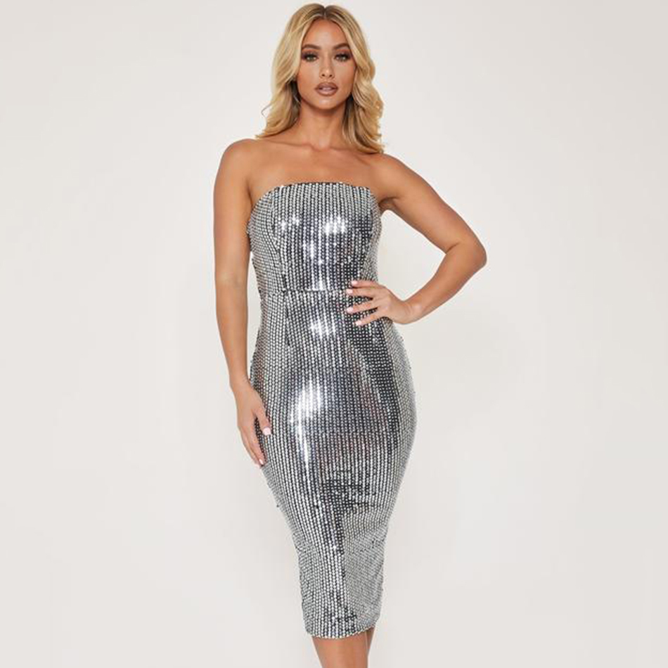 Women'S High Quality Silver Sexy Sequins Open Back Tight Mid-Length Dress Elegant Celebrity Party 210525