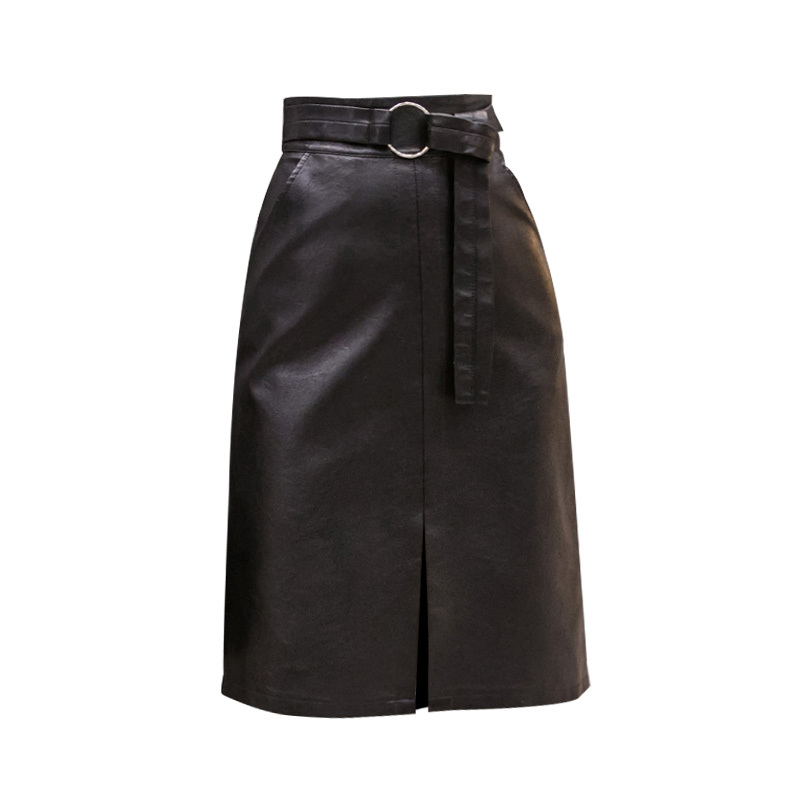REALEFT New Autumn Winter Black PU Leather Women Midi Skirts with Belt High Waist Chic Front Split Sheath Wrap Skirt Pocket 210309