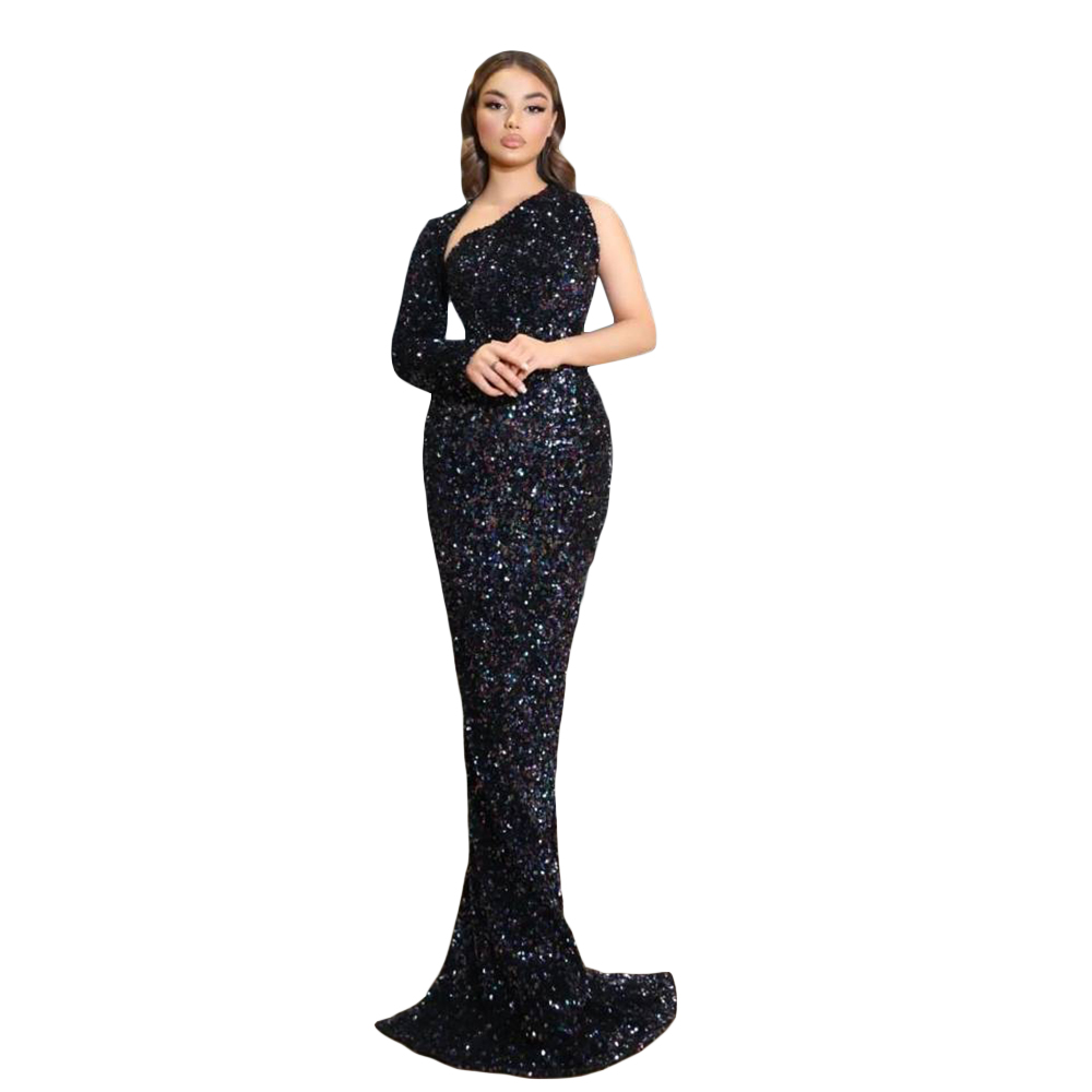2022 Arabic Sexy Prom Dresses Black Sequins One Shoulder Long Sleeves Crystal Beading Mermaid Party Evening Gowns