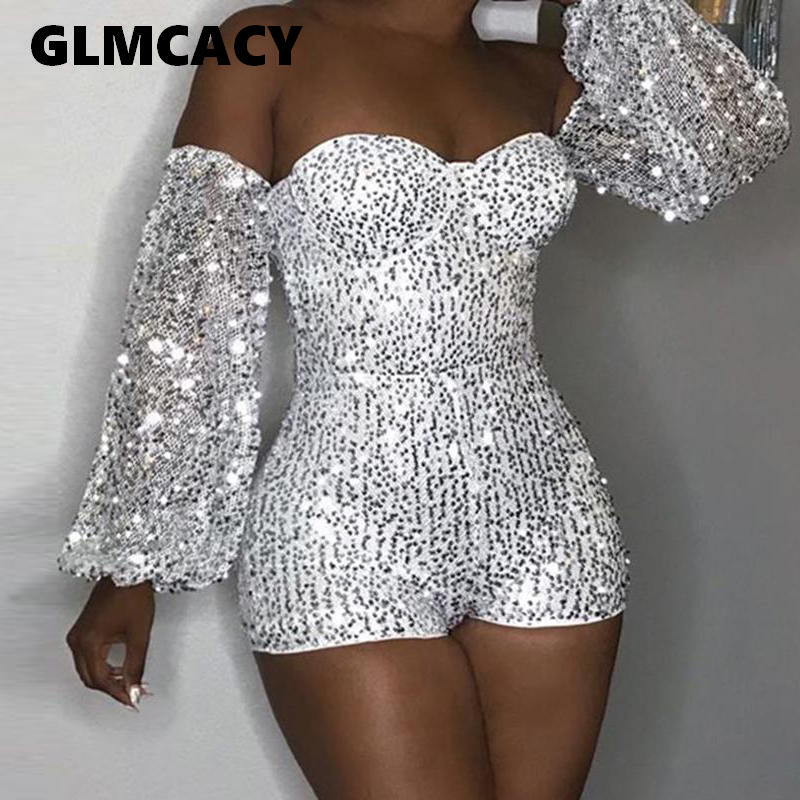 Women Strapless Long Sleeve Sequined Rompers Playsuits Summer Fall Off Shoulder Short Jumpsuit Sexy Club Outfits 201007
