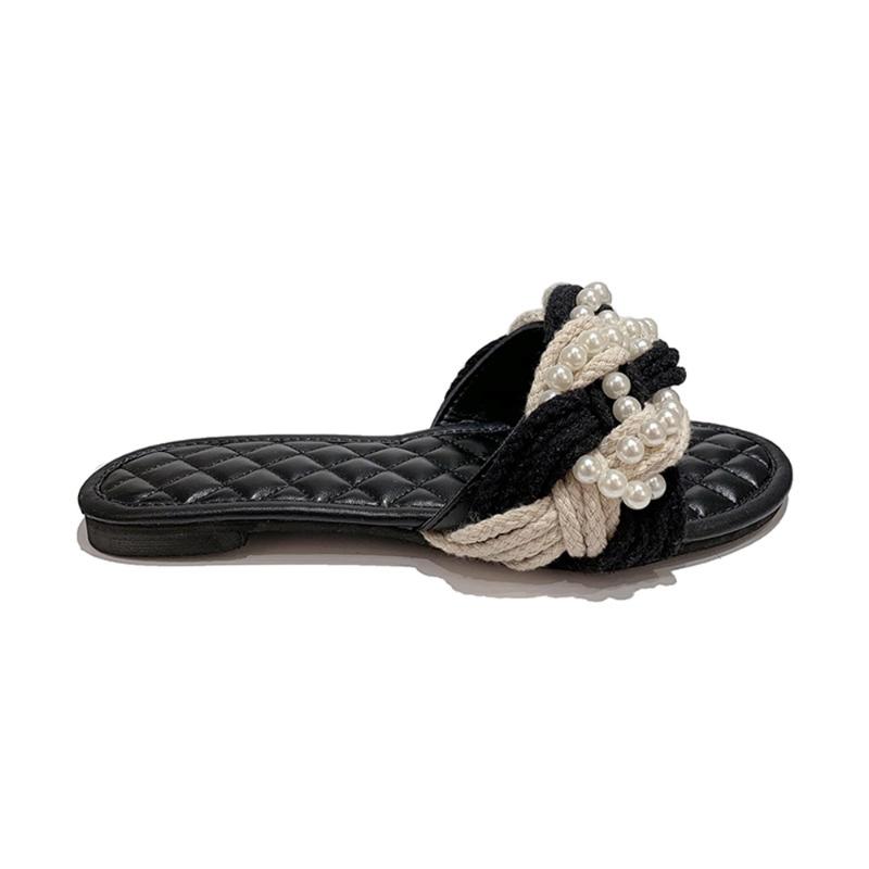 Sandals 2021 Fashion Women Summer Straw Twisted Rope Pearl Slippers Flat Black Diamond Comfortable Female Dress Slides