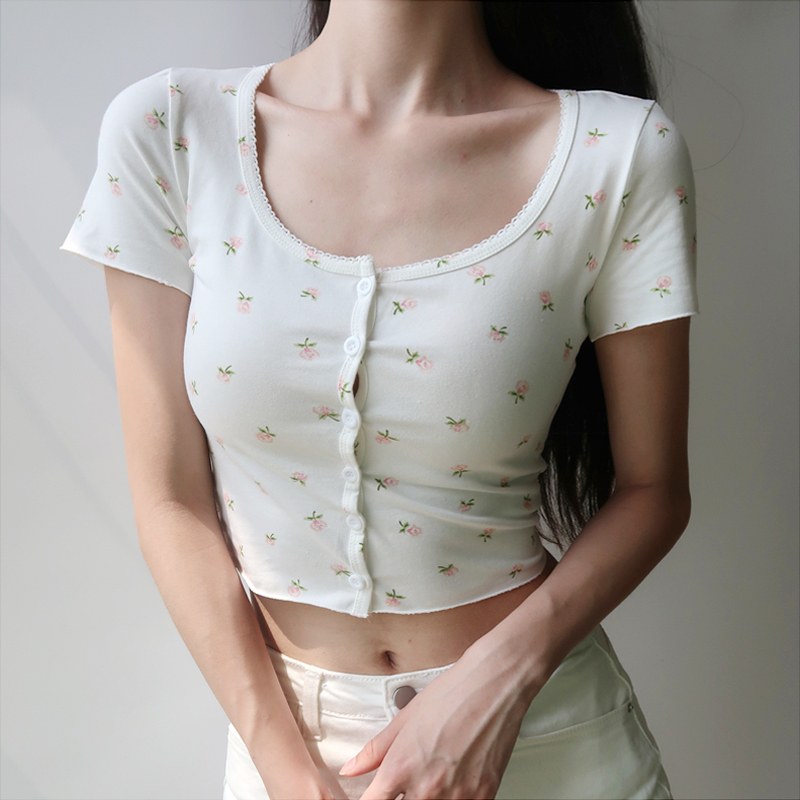 Women Scoop Neck Button down Floral Print Crop Tee Short Sleeve Floral Printed Crop Top 210306