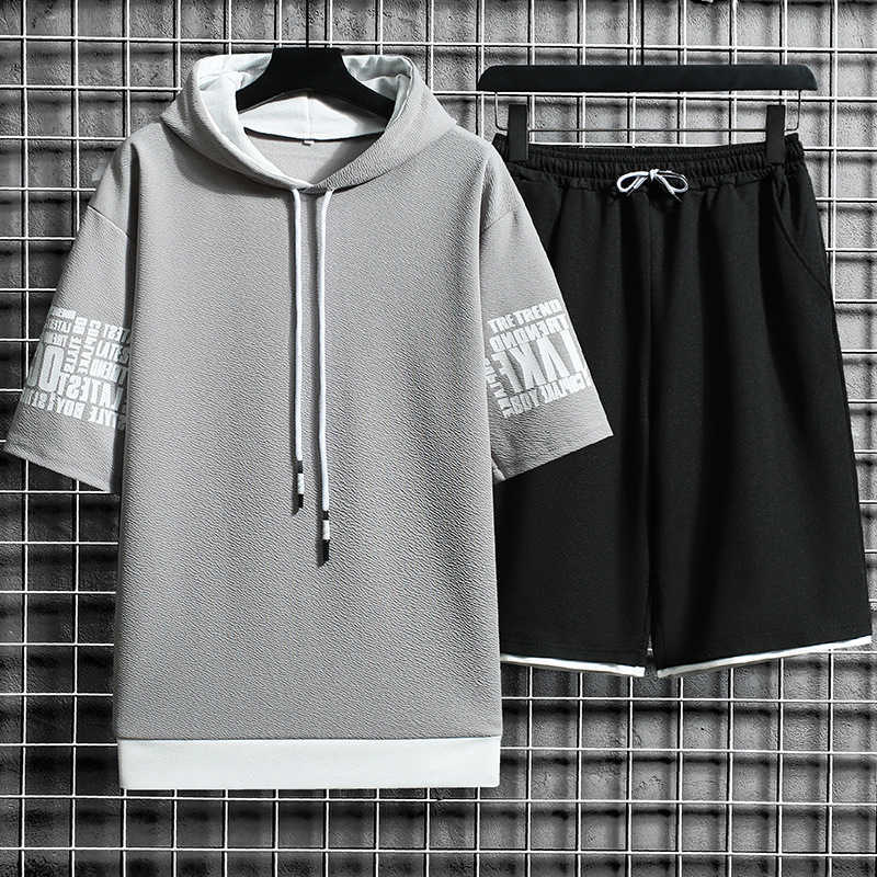 Summer Men Casual Sets Hooded Sweatshirt Harajuku Tracksuit Short Sleeve Print T-shirt+Shorts 2 PCS Jogging Male Sports Suit 210603