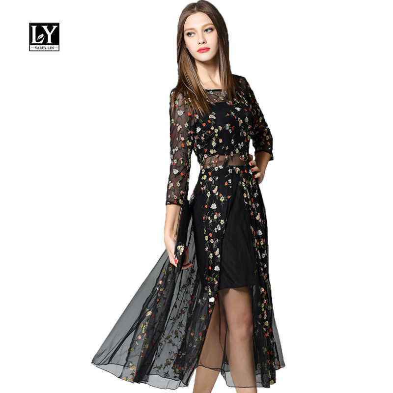 Ly Varey Lin Spring Women Tulle Lace Dress Sexy Hollow Out Embroidery Plus Size 4xl O Neck Elegant Floral 210526