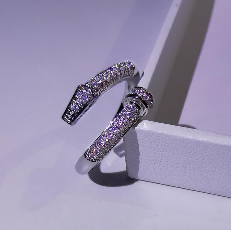 Sparkling Luxury Jewelry 925 Sterling Silver Classical 925 Sterling Silver Open Ring Pave White Sapphire Women Nai Wedding Adjustable Ring