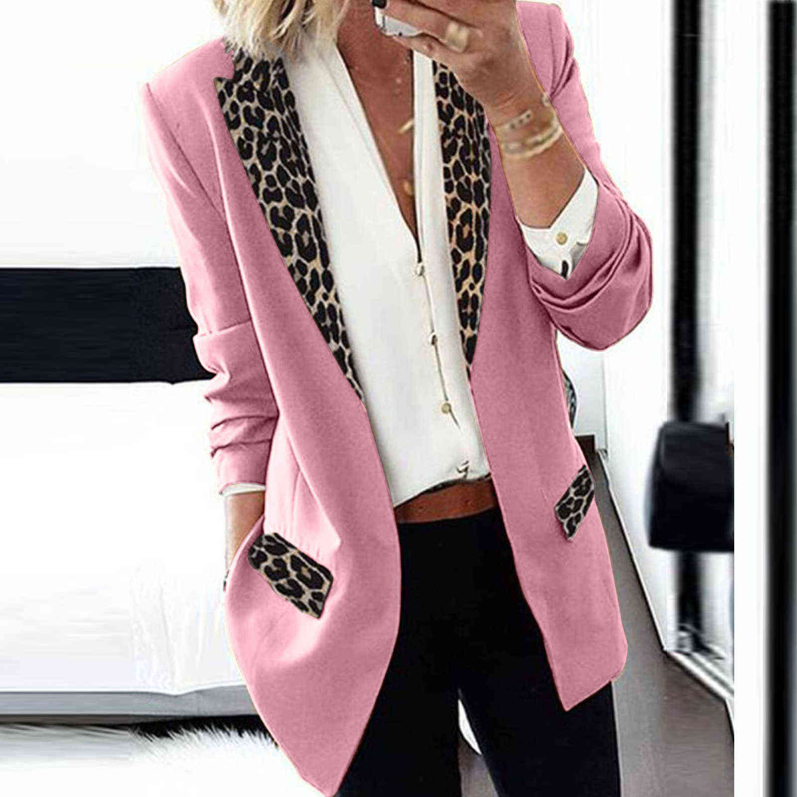 Casual Slim Leopard Patchwork Long Blazer Coat Woman Jacket Winter Female Elegant Office Lady Cardigan Thin Jackets Women 211122