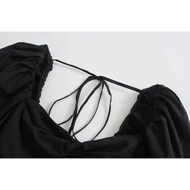 Dres solid French square collar pleated slim open back lace up bubble sleeve women's Mini Skirt 04 210628