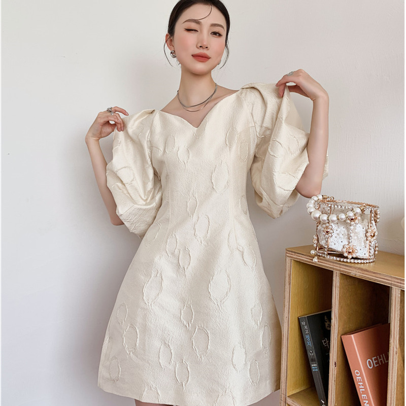 Women Dress Bubble Sleeve V-neck High Waist A-line Temperament Slim Fit Fashion Summer 2H867 210526