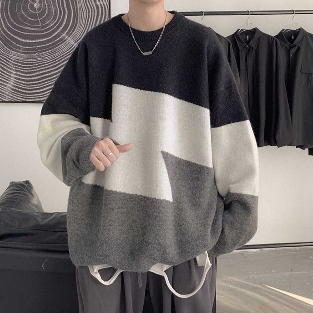 Winter Sweater Men Crewneck Pullover Sweater Knitted Geometric Pattern Streetwear Korean Fashion Oversized Loose Fit Clothes Y0907